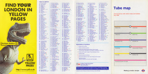 [July 1998] Tube map: Journey planner with station index and facilities: 5 lines + "Information Line" (Yellow Pages "Antique Dealers" advert)