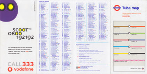 [October 1997] Tube map: Journey planner with station index and facilities: 5 lines + "Information Line" ("Scoot" advert)