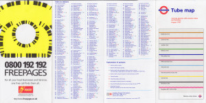 [August 1997] Tube map: Journey planner with station index and facilities: 10 lines + "Helpline" (Freepages Advert)