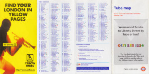 [December 1998] Tube map: Journey planner with station index and facilities: Wormwoord Scrubs to Liberty Street (Yellow Pages "Ear Piercing" advert)