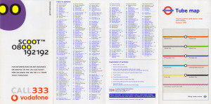[October 1997] Tube map: Journey planner with station index and facilities: 5 lines + "Information Line" ("Scoot" advert and F3 penalty fare)