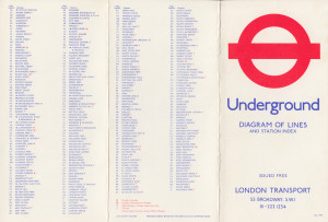 [1977: No 1] Diagram of Lines and Station Index (Map OP: Barbican Station open experimentally on Saturdays)