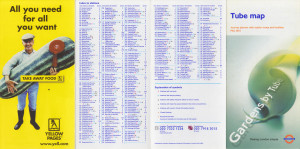 [May 2001] Tube map: Journey planner with station index and facilities: Gardens by Tube (Yellow Pages "Take Away Food" advert)