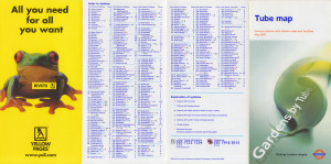 [May 2001] Tube map: Journey planner with station index and facilities: Gardens by Tube (Yellow Pages "Rivets" advert)