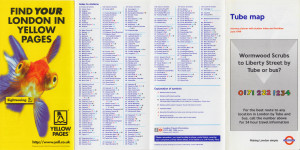 [June 1999] Tube map: Journey planner with station index and facilities: Wormwood Scrubs to Liberty Street (Yellow Pages "Sightseeing" advert)