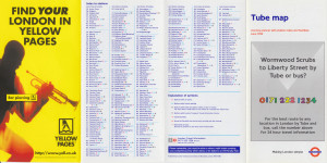 [June 1999] Tube map: Journey planner with station index and facilities: Wormwood Scrubs to Liberty Street (Yellow Pages "Ear Piercing" advert)