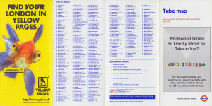 [April 1999] Tube map: Journey planner with station index and facilities: Wormwood Scrubs to Liberty Street (Yellow Pages "Sightseeing" advert)