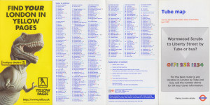 [April 1999] Tube map: Journey planner with station index and facilities: Wormwood Scrubs to Liberty Street (Yellow Pages "Antique Dealers" advert)