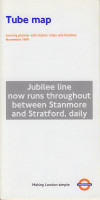 [November 1999] Tube map: Journey planner with station index and facilities: Jubilee now runs throughout between Stanmore and Stratford, daily (Yellow Pages "Take Away Food" advert. No DLR box.)