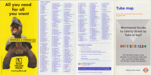 [September 1999] Tube map: Journey planner with station index and facilities: Wormwood Scrubs to Liberty Street (Yellow Pages "Removals & Storage" advert)