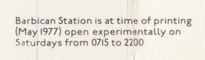 [1977: No 1] Diagram of Lines and Station Index (Map OP: Barbican Station open experimentally on Saturdays)
