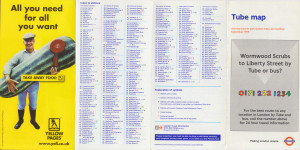 [September 1999] Tube map: Journey planner with station index and facilities: Wormwood Scrubs to Liberty Street (Yellow Pages "Take Away Food" advert)