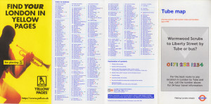 [April 1999] Tube map: Journey planner with station index and facilities: Wormwood Scrubs to Liberty Street (Yellow Pages "Ear Piercing" advert)