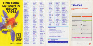 [July 1998] Tube map: Journey planner with station index and facilities: 5 lines + "Information Line" (Yellow Pages "Sightseeing" advert)